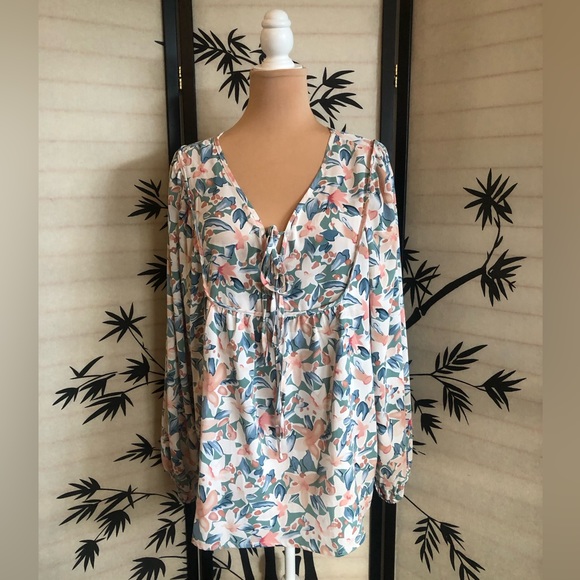 Shewin Womens Casual Boho Floral Print Long Sleeve Blouse Top Plus Size 2XL - Picture 2 of 12